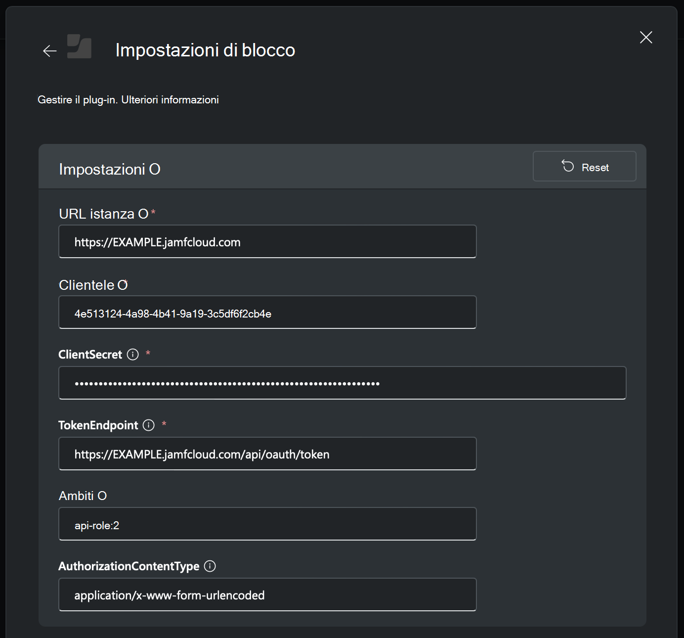 Impostazioni di Jamf per la semina di Sceenshot da compilare per il plug-in Security Copilot.