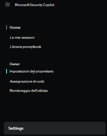 Screenshot del menu delle impostazioni del proprietario.