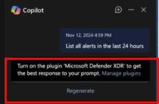 Screenshot che mostra Copilot nell'esperienza incorporata di Defender quando il plug-in è limitato.