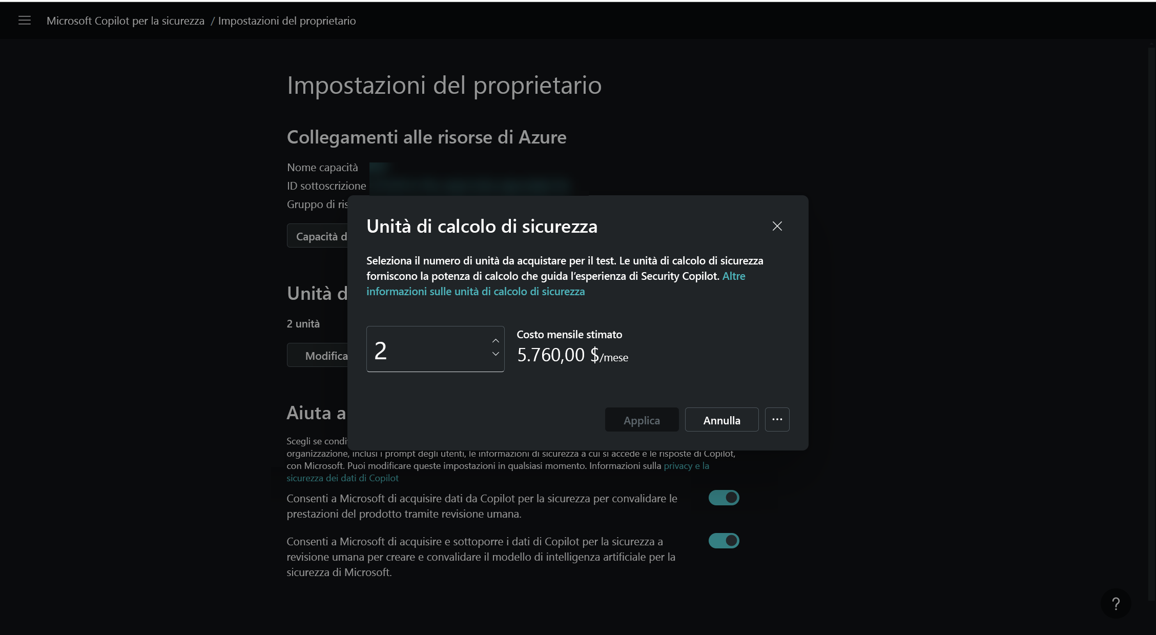 Screenshot delle unità di calcolo di sicurezza del proprietario calcolate.