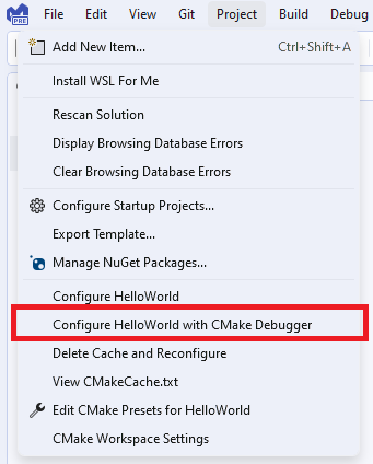 Screenshot dell'elenco a discesa Debugger CMake.