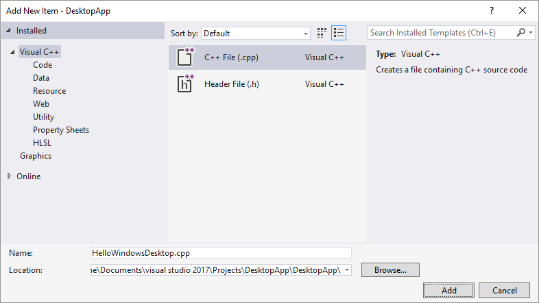 Screenshot della finestra di dialogo Aggiungi nuovo elemento in Visual Studio 2015 con Visual > C più installato più selezionato e l'opzione C più file evidenziata.