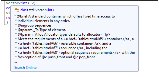 Screenshot di un popup GCC IntelliSense che mostra la documentazione dell'intestazione.