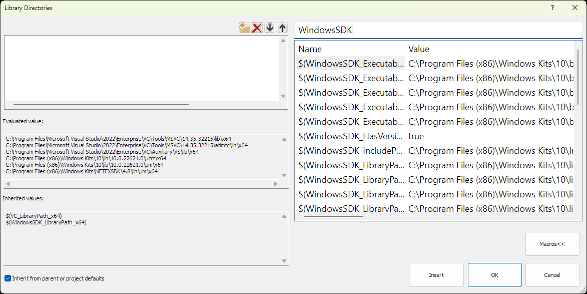 Screenshot della finestra di dialogo Includi directory di Visual Studio dopo aver scelto il pulsante Macro.