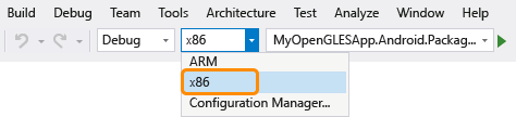 Screenshot dell'elenco a discesa Piattaforma soluzioni con x86 evidenziato.