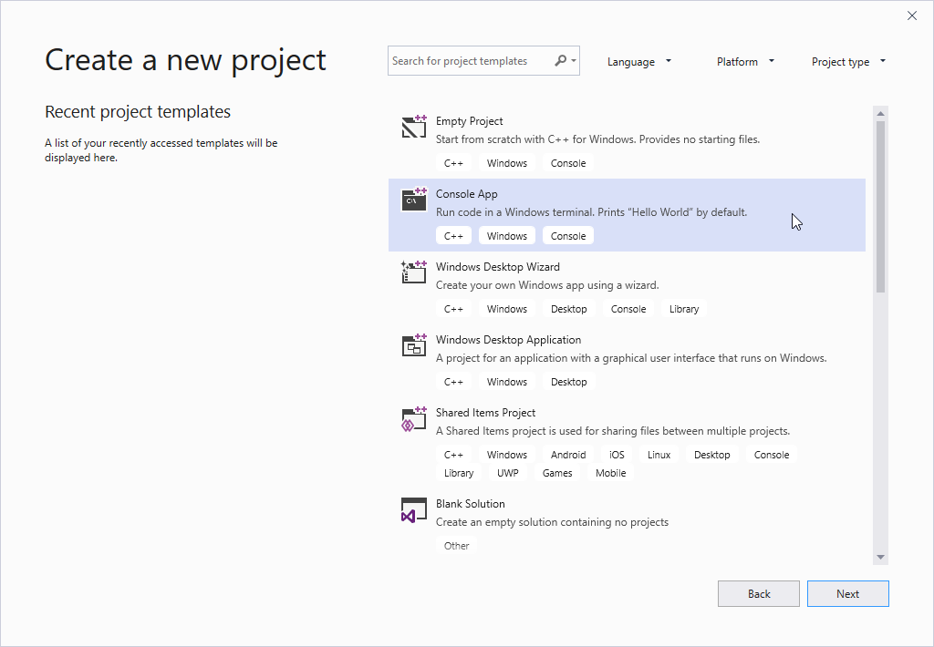 Screenshot della finestra di dialogo Crea un nuovo progetto di Visual Studio. L'opzione Modello app console è evidenziata.