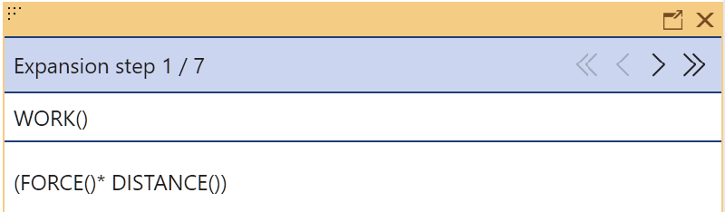 Screenshot della finestra di espansione della macro, che consente di scorrere l'espansione della macro WORK un passaggio alla volta.