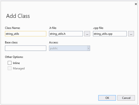 Screenshot della finestra di dialogo Aggiungi nuova classe. Include campi per il nome della classe, l'accessibilità, i file per inserire la dichiarazione e l'implementazione e così via.