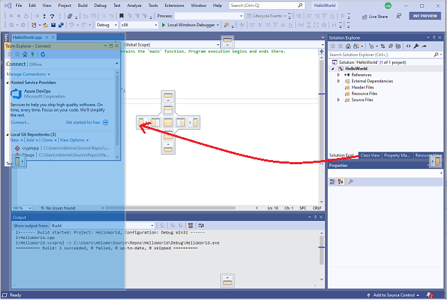 Screenshot della finestra di Visual Studio Team Explorer, con l'area ombreggiata blu evidenziata in cui verrà posizionata la finestra al rilascio del mouse.