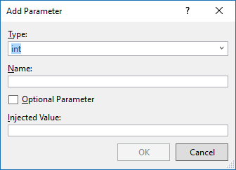 Screenshot della finestra Aggiungi parametro in cui è possibile modificare o impostare il tipo, il nome e l'impostazione predefinita o facoltativa di un parametro.