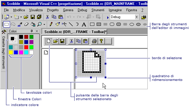 Screenshot dell'editor della barra degli strumenti con i controlli evidenziati.