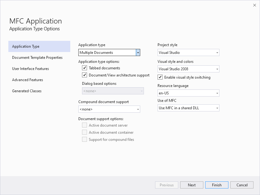 Screenshot della procedura guidata dell'applicazione MFC in Visual Studios 2022.