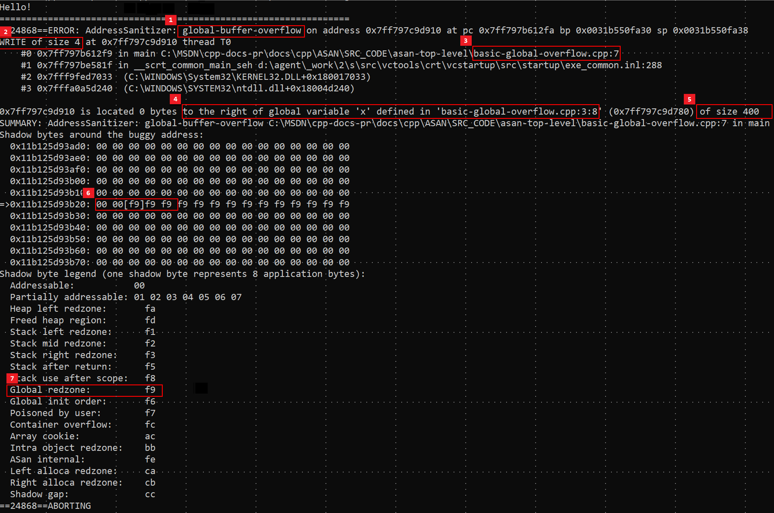 Screenshot del debugger che mostra un errore di overflow globale di base.