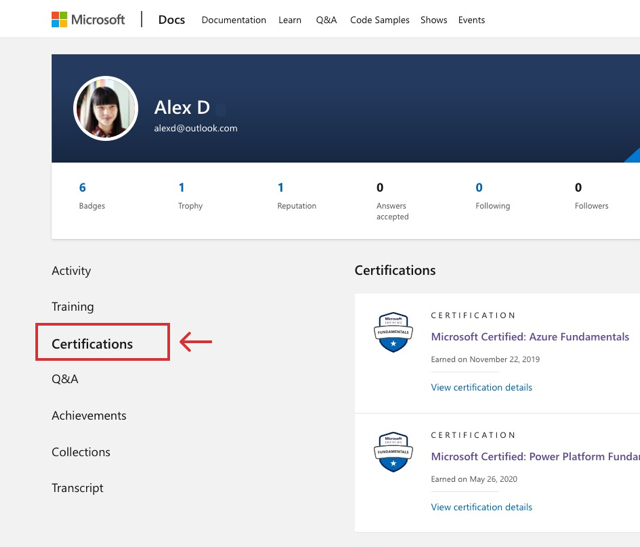 schermata del profilo di Microsoft Learn con la scheda Certificazioni evidenziata nel riquadro di spostamento.