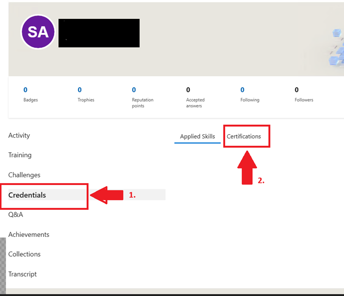 Credentials in the profile menu and select Certifications beside Applied Skills.