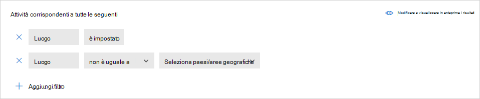 Screenshot delle impostazioni del filtro, che mostra il campo della posizione impostato.