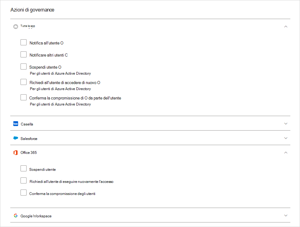 Defender for Cloud Apps azioni di governance dei criteri di attività.