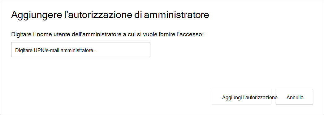 Screenshot che mostra la finestra di dialogo Aggiungi autorizzazione amministratore.