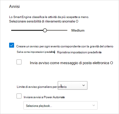 Screenshot che mostra come configurare gli avvisi, tra cui riservatezza, posta elettronica e limite giornaliero.