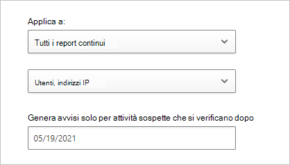 Screenshot che mostra come configurare i filtri di utilizzo dell'applicazione e la data di inizio per la generazione di avvisi di utilizzo.