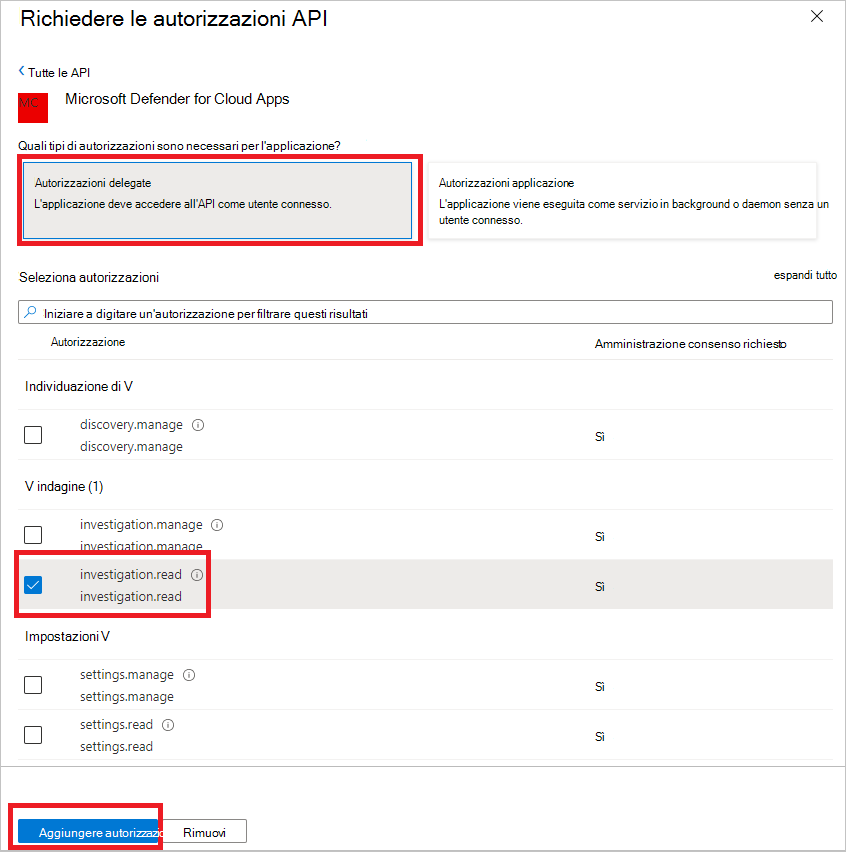 Screenshot dell'aggiunta delle autorizzazioni dell'applicazione.