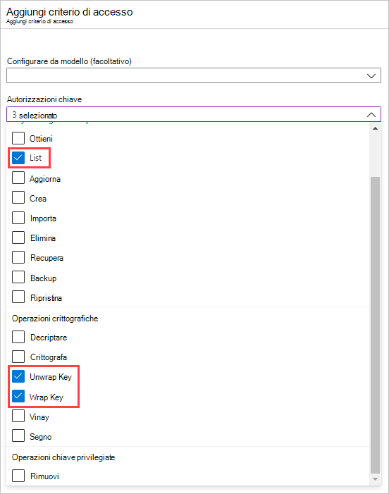 Screenshot che mostra la selezione delle autorizzazioni della chiave.