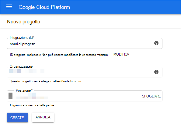 Screenshot che mostra la finestra di dialogo di creazione del progetto GCP.