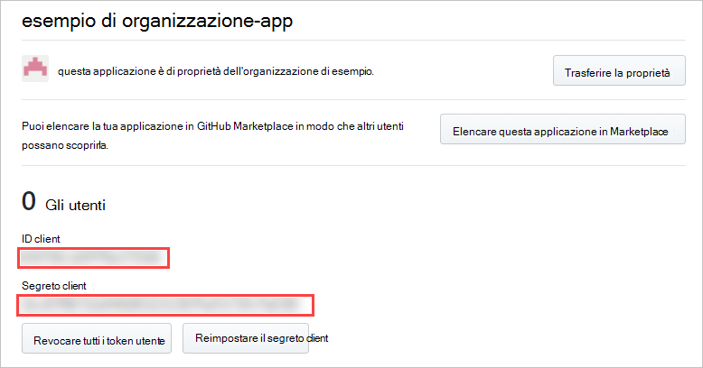 Screenshot che mostra i dettagli di un'app oauth.