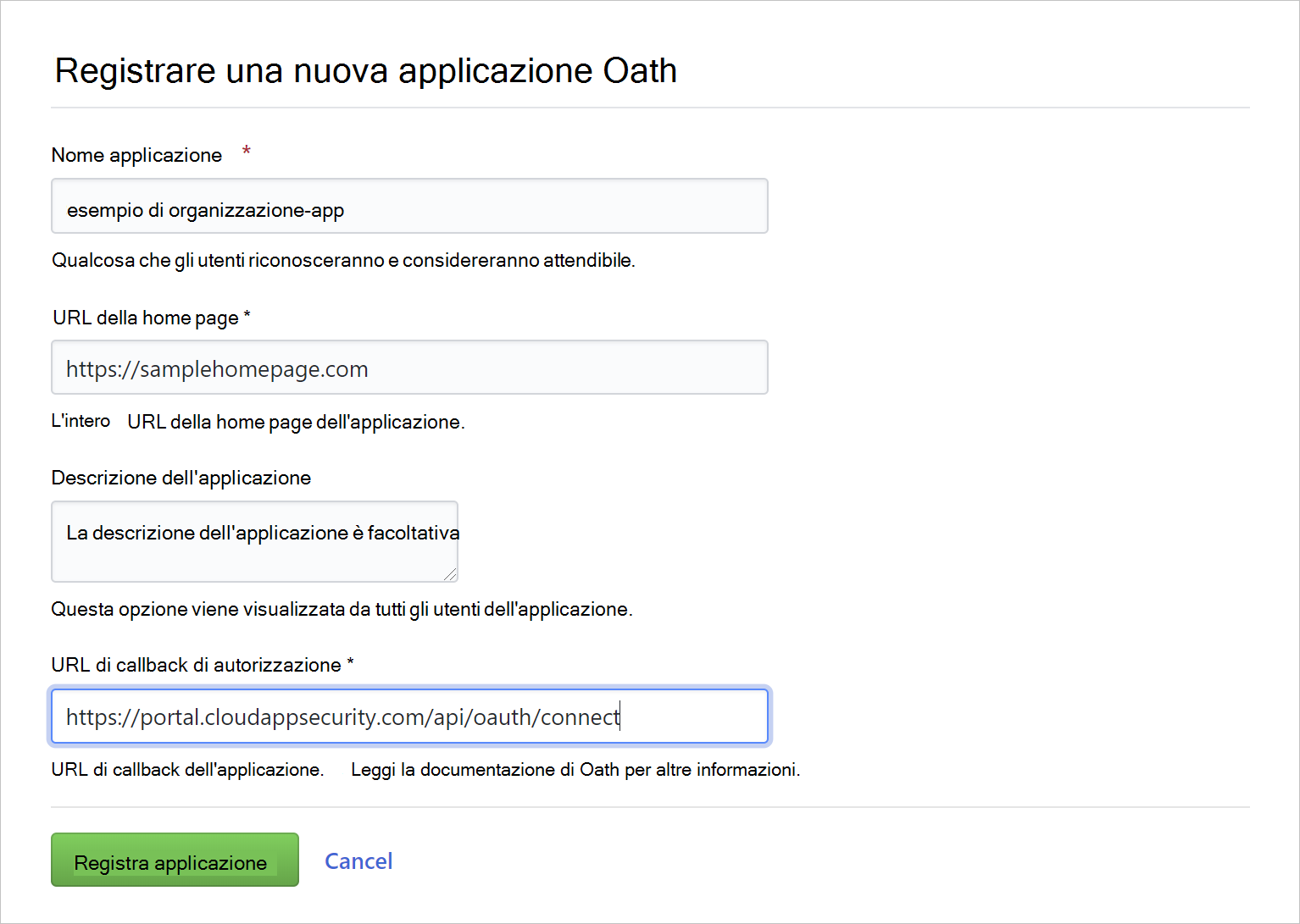 Screenshot che mostra la registrazione di un'app oauth.