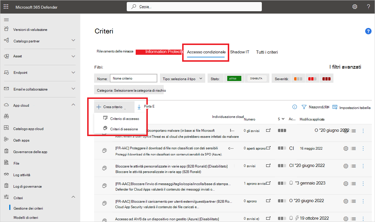 Screenshot della pagina Crea criteri di accesso condizionale.