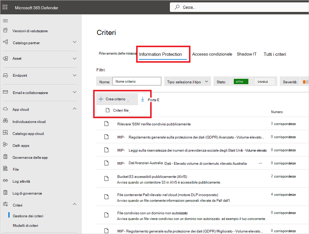 Creare un criterio di Information Protection.