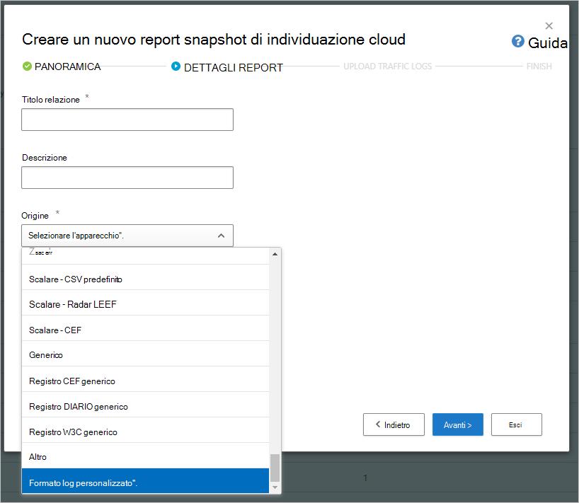 Screenshot della finestra di dialogo Crea nuovo report snapshot di individuazione cloud.