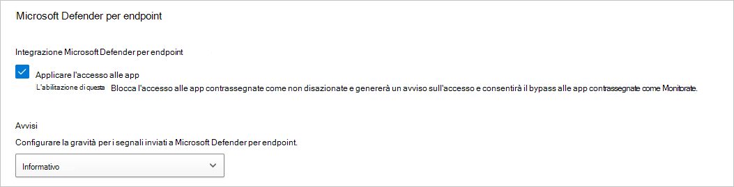 Screenshot delle impostazioni di avviso di Defender per endpoint.