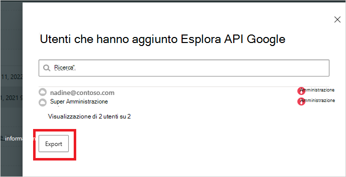 Screenshot che mostra l'esportazione del controllo delle app OAuth.