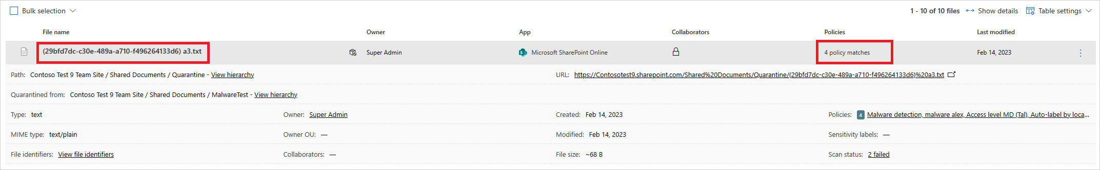 Screenshot delle corrispondenze di contenuto PCI di esempio.