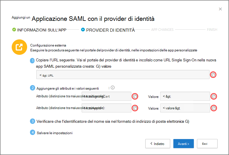 Screenshot della pagina delle informazioni SAML.