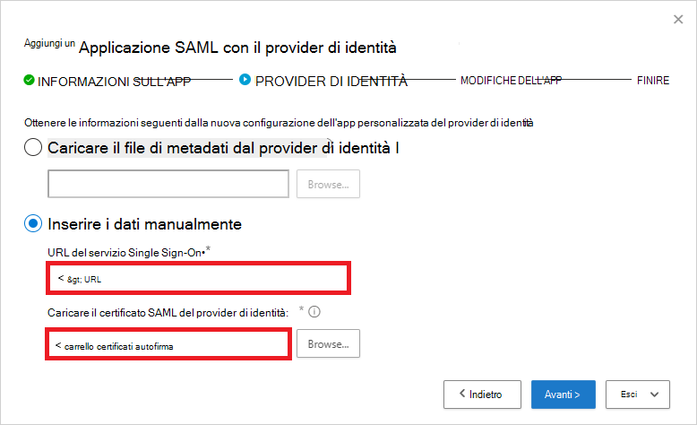 Aggiungere l'URL del servizio SSO e il certificato SAML.