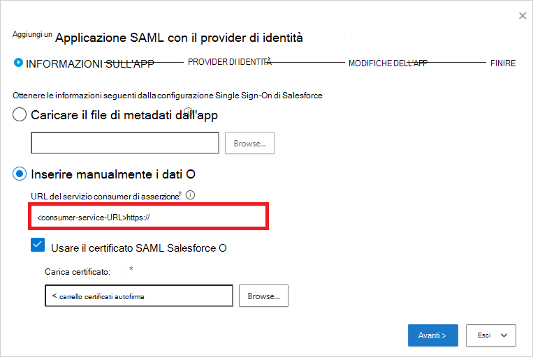 Compilare manualmente le informazioni SAML di Salesforce.