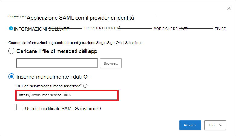 Compilare manualmente le informazioni SAML di Salesforce.