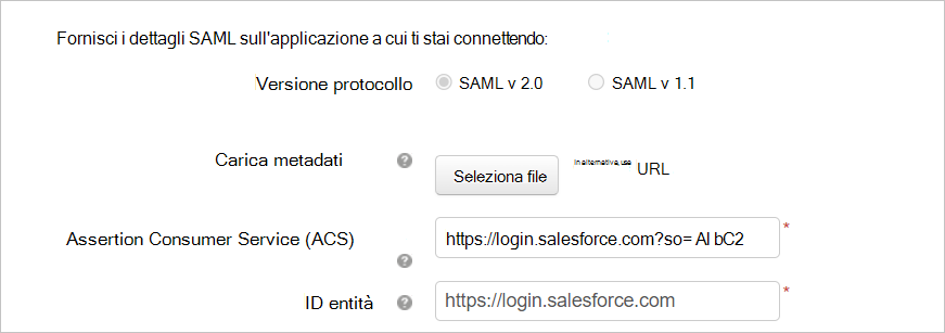 Configurare un'app personalizzata con i dettagli SAML di Salesforce.