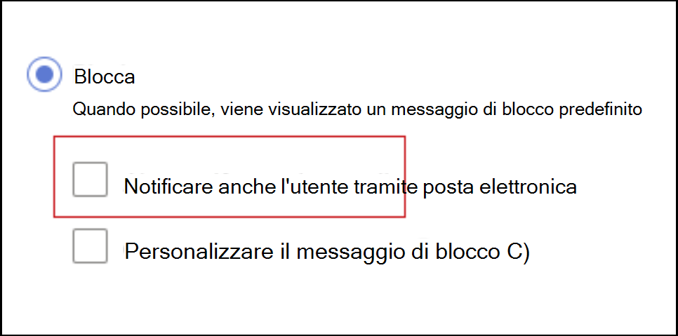 Screenshot di come bloccare la notifica all'utente finale tramite posta elettronica.