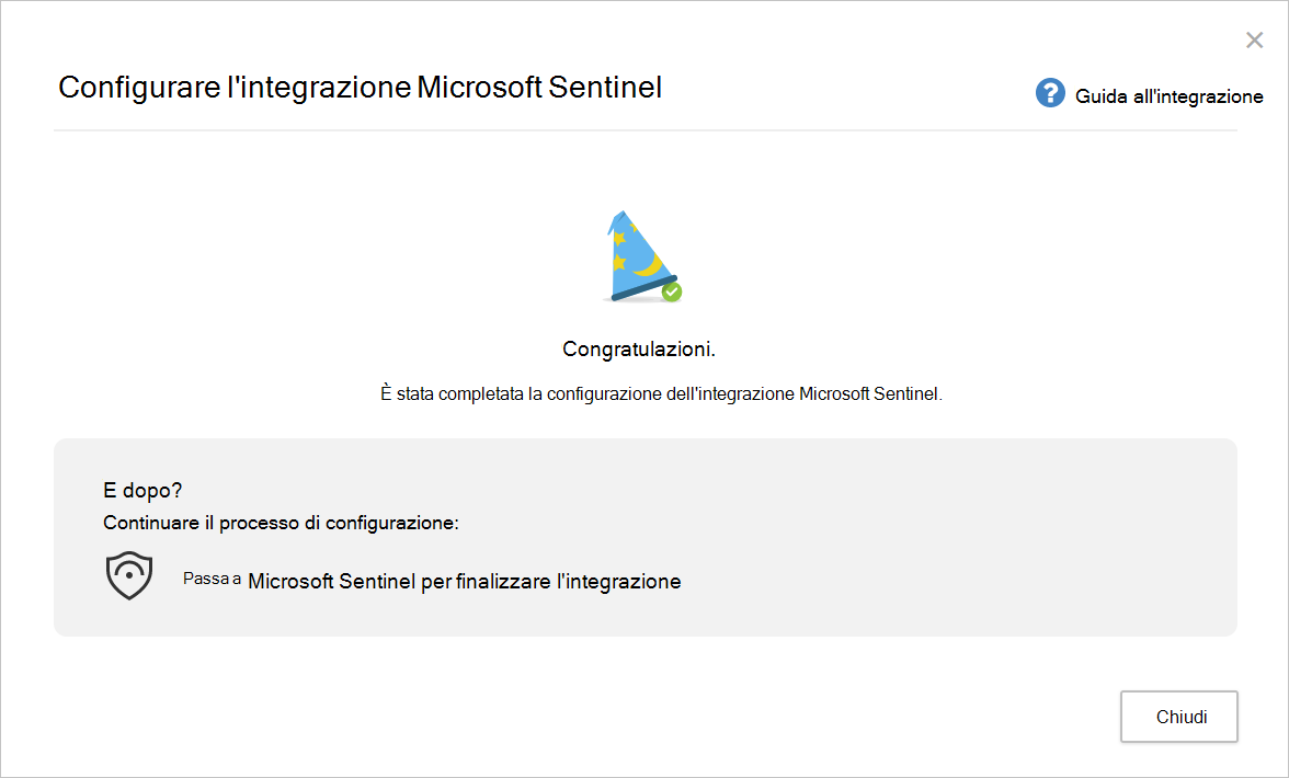 Screenshot che mostra la pagina di fine dell'integrazione configura Microsoft Sentinel.