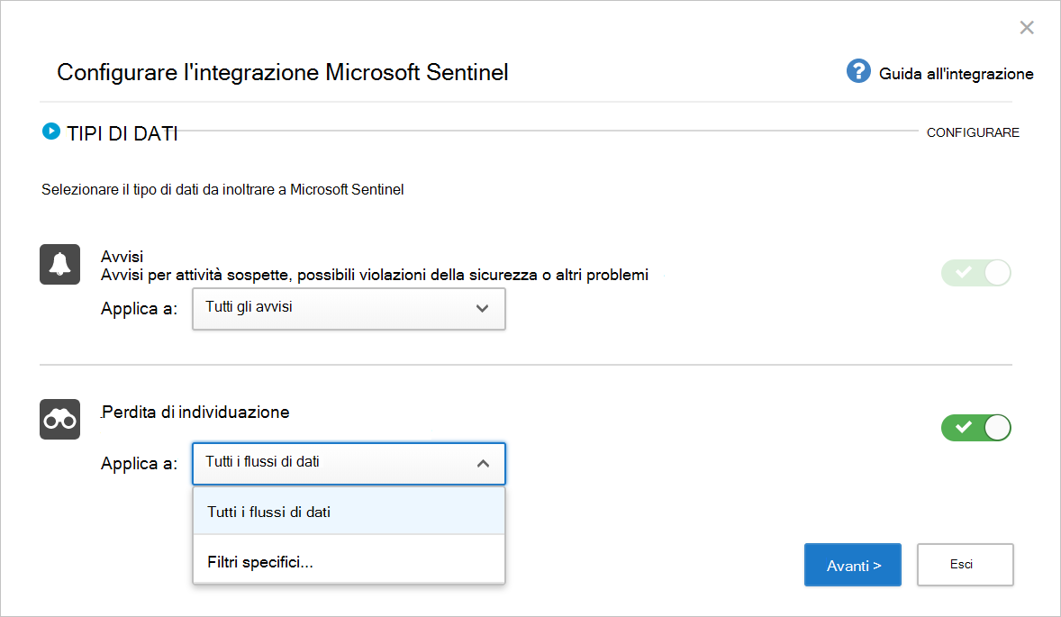 Screenshot che mostra la pagina iniziale di Configurare l'integrazione Microsoft Sentinel.