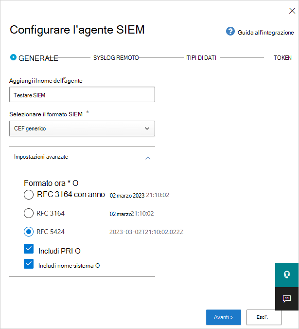 Impostazioni SIEM generali.