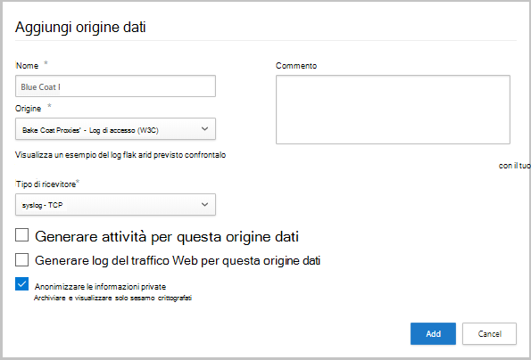 Screenshot della finestra di dialogo Aggiungi origine dati