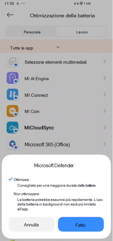 Immagine dell'elenco a discesa Microsoft Defender Optimize