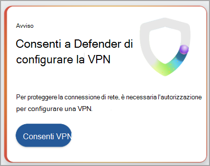 Screenshot che mostra una raccomandazione per configurare una connessione VPN.