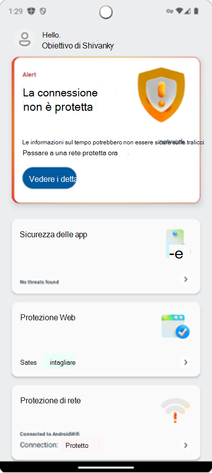 Screenshot che mostra il dashboard dell'utente nell'app Microsoft Defender.