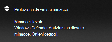 Microsoft Defender le minacce antivirus trovate notifica fornisce opzioni per ottenere i dettagli