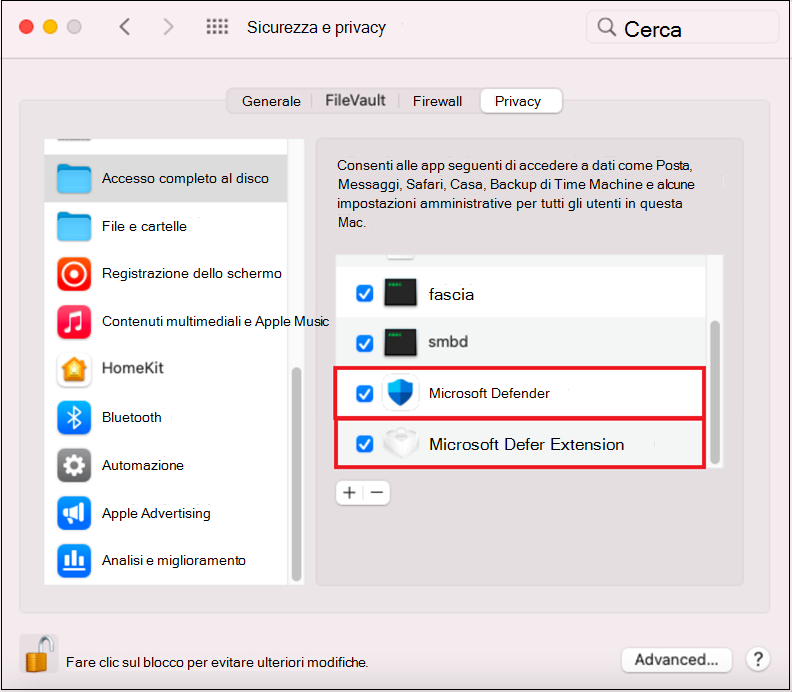 Lo screenshot mostra la sicurezza e la privacy dell'accesso completo al disco.